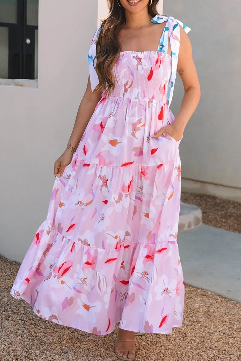 Pink Floral Print Knotted Shoulder Smocked Maxi Dress - Love Salve